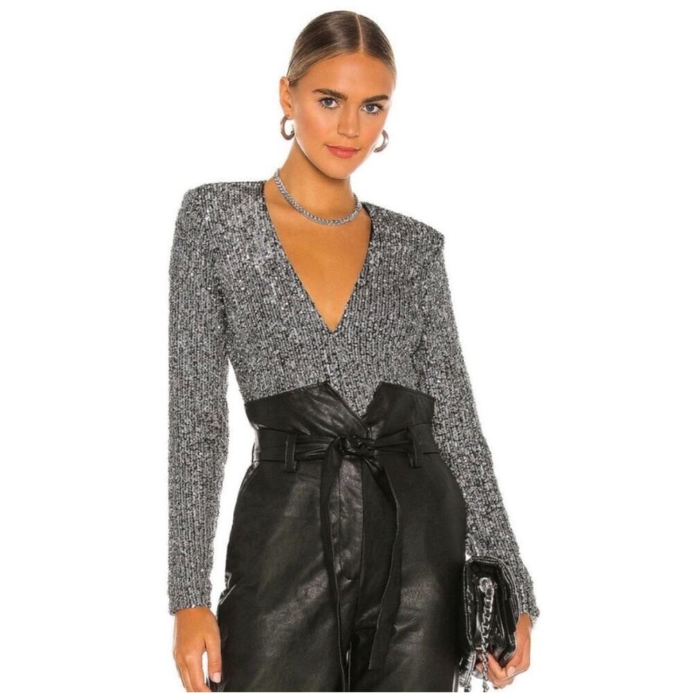 Bardot Siren Silver Sequin Long Sleeve Deep V Bodysuit XS